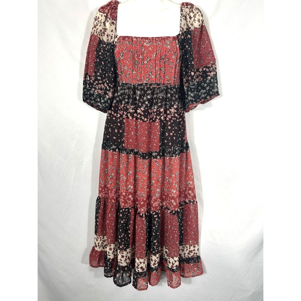 Forever 21 Women's Smocked Midi Dress Size‎ M Patchwork Boho Prairie Cottagecore - Picture 5 of 14